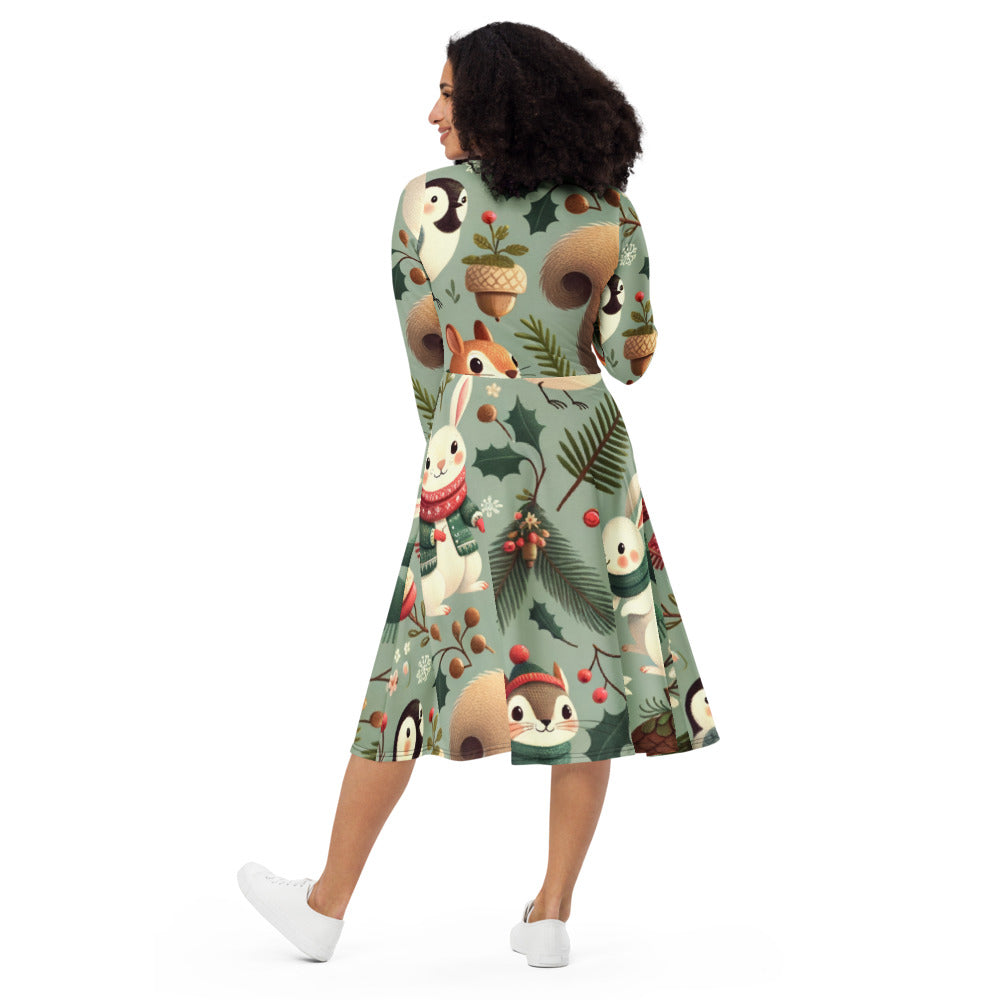 Whimsical Winter Wear Long Sleeve Midi Dress