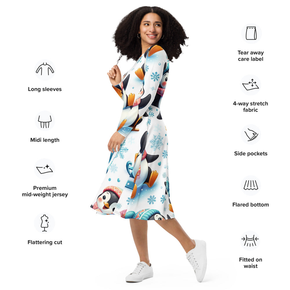 Whimsical Winter Wear Long Sleeve Midi Dress