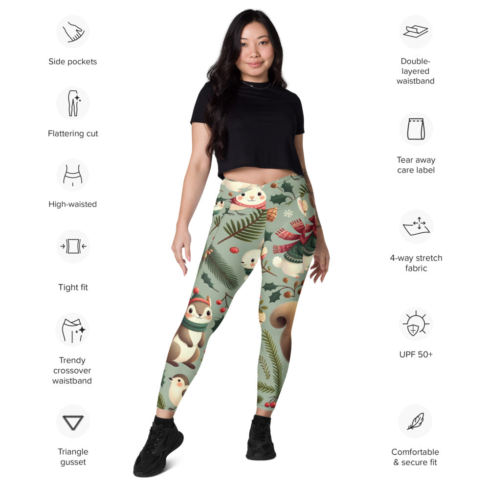Whimsical Winter Wear Crossover Leggings with Pockets