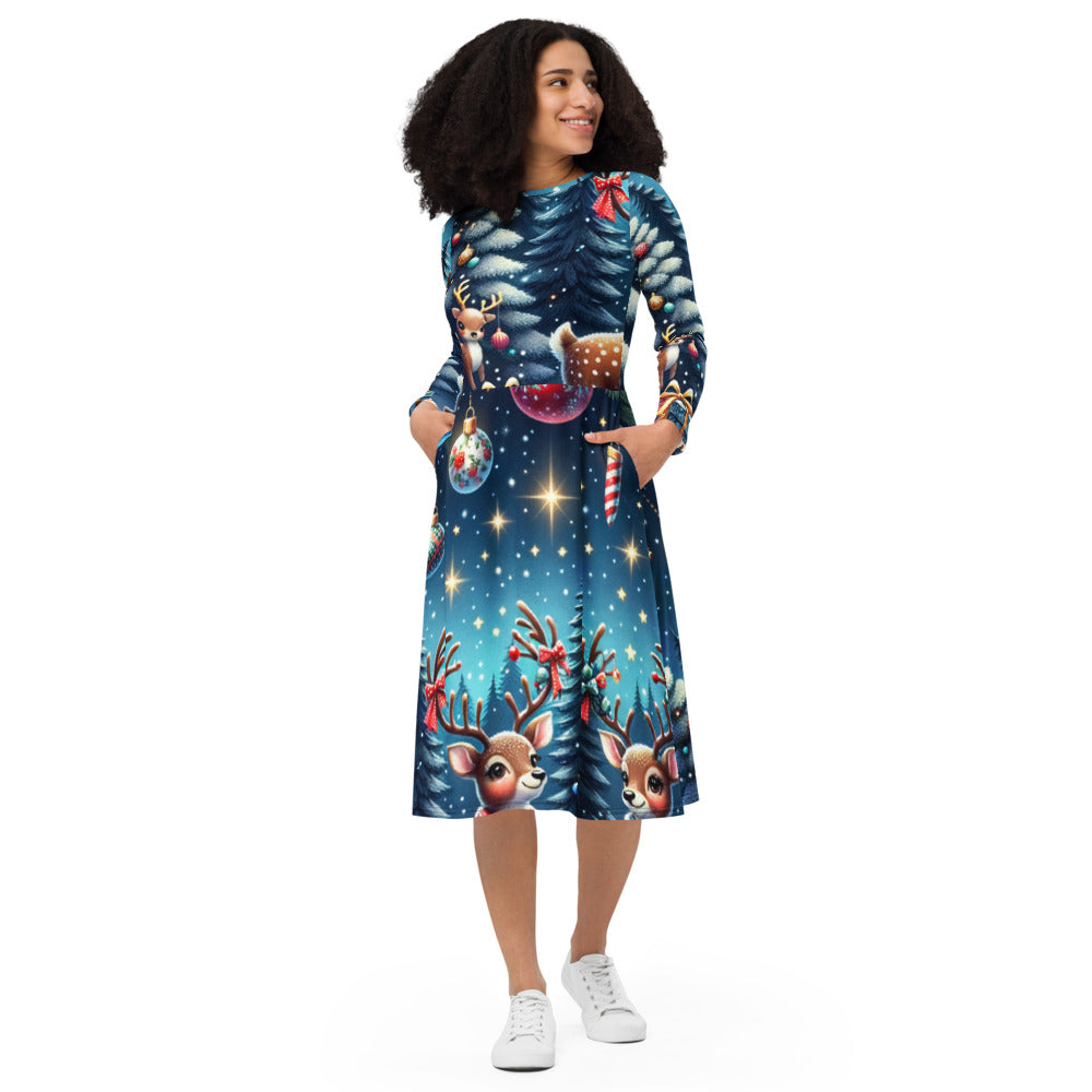 Whimsical Winter Wear Long Sleeve Midi Dress