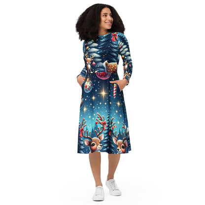 Whimsical Winter Wear Long Sleeve Midi Dress
