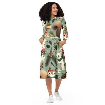 Whimsical Winter Wear Long Sleeve Midi Dress