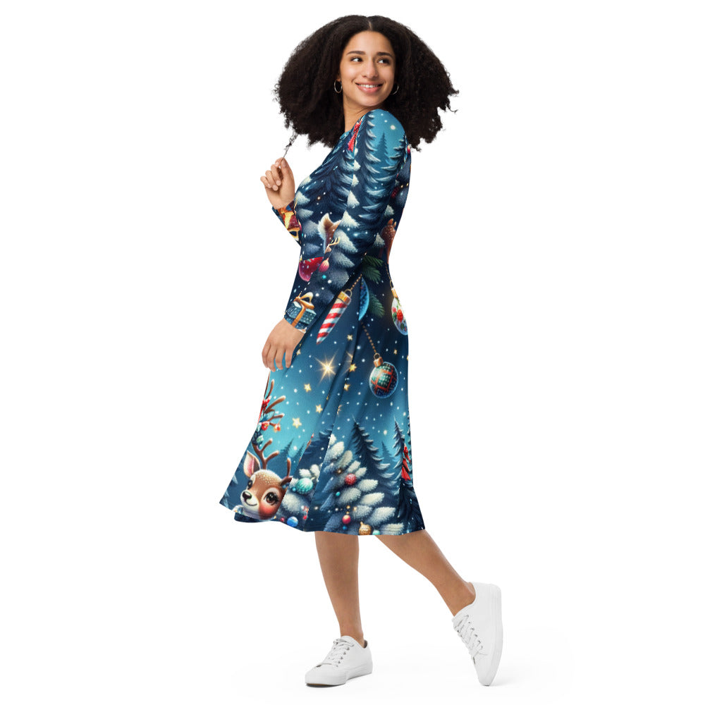 Whimsical Winter Wear Long Sleeve Midi Dress