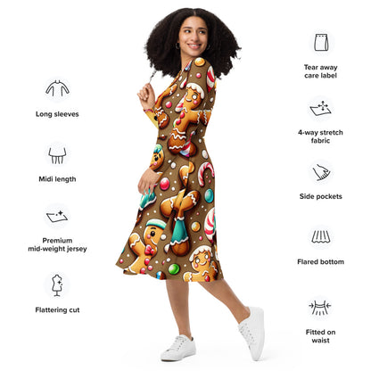 Whimsical Winter Wear Long Sleeve Midi Dress