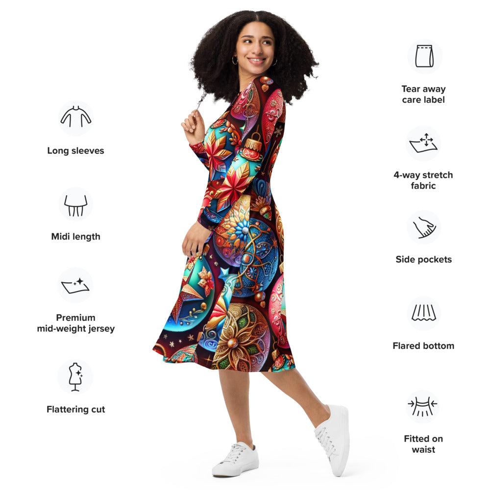 Whimsical Winter Wear Long Sleeve Midi Dress