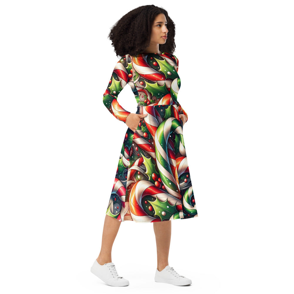 Whimsical Winter Wear Long Sleeve Midi Dress