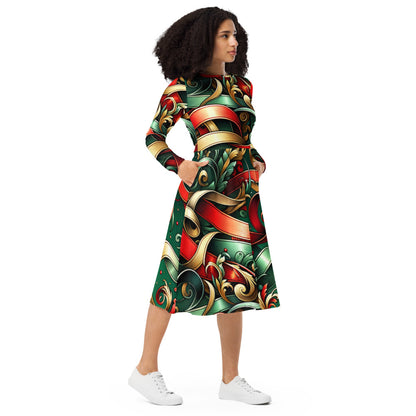 Whimsical Winter Wear Long Sleeve Midi Dress