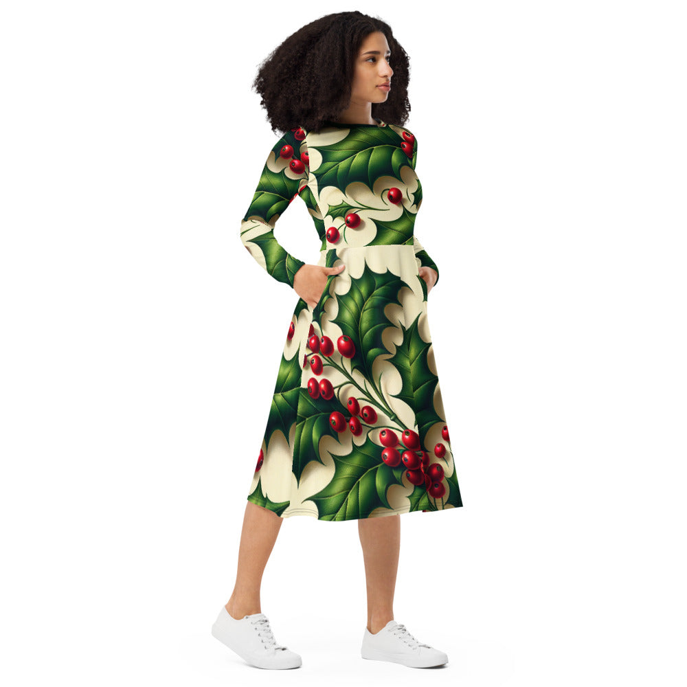Whimsical Winter Wear Long Sleeve Midi Dress