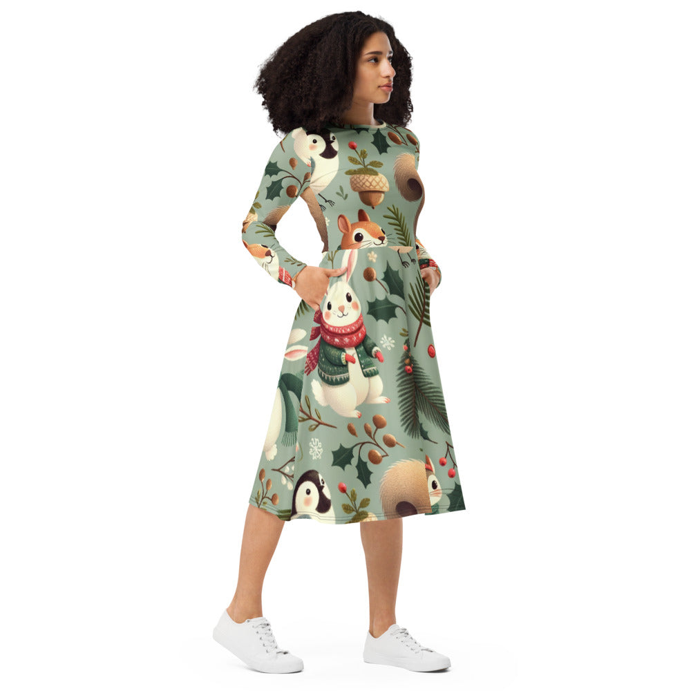 Whimsical Winter Wear Long Sleeve Midi Dress