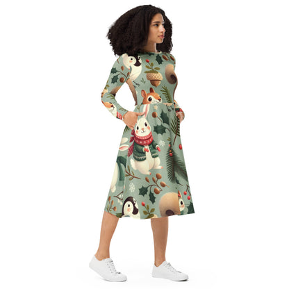 Whimsical Winter Wear Long Sleeve Midi Dress