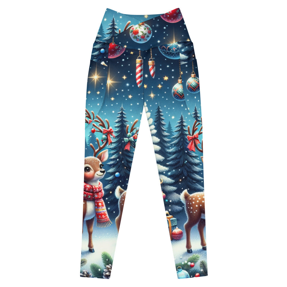 Whimsical Winter Wear Crossover Leggings with Pockets